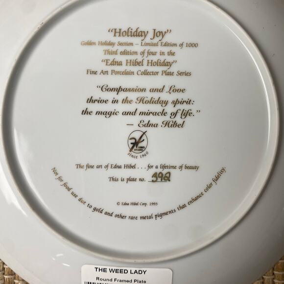 Vintage Limited Edition Edna Hibel Holiday Joy Porcelain Plate 1993 Wood Frame - Picture 11 of 13